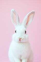 Obraz premium Rabbit, close-up portrait against a pink background. Cute pet animal with expressive eyes and long ears, perfect for Easter, spring themes, or animal lovers.
