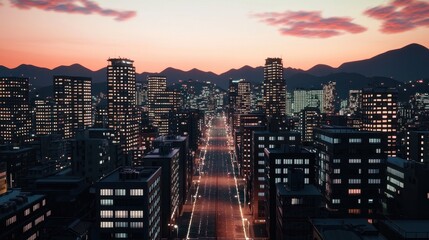 Urban Landscape at Dusk with Illuminated Buildings and Mountains