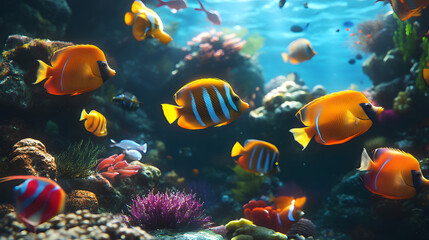 Fototapeta premium Underwater Tropical Corals Reef with colorful sea fish. Marine life sea world. Tropical colourful underwater seascape. 