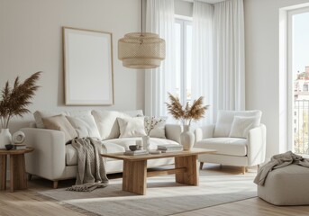 Bright, airy, Scandinavian living room. White sofa, wooden table, blank art print. Minimalist, cozy