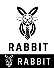 A creative rabbit logo design featuring a stylish bunny wearing a tie in black and white 