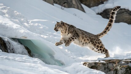 Obraz premium A wild snow lynx cub, a cute feline predator in its winter habitat