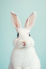 Obraz premium Rabbit sitting calmly against a light blue background, capturing its adorable features and expressive eyes, perfect for animal lovers and pet-related content.