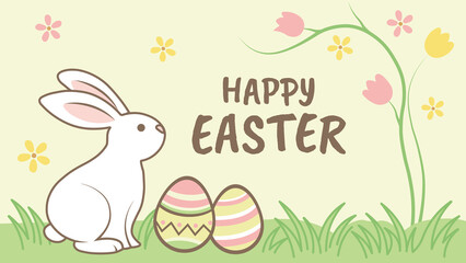 Easter Greeting Card in Minimalistic Style with Easter Bunny, Decorated Eggs and Spring Flowers | High Resolution, Vector Illustration