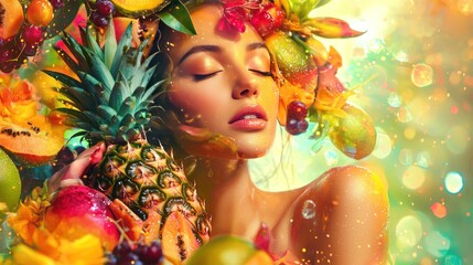 Vivid artistic portraits featuring tropical fruits like pineapple papaya and citrus with bright colors glowing backgrounds and creative styling