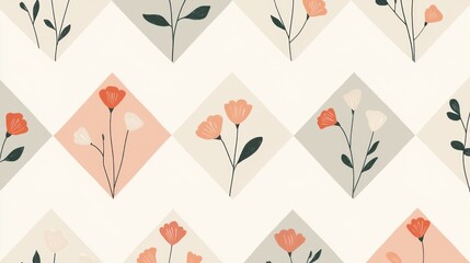 Obraz premium Seamless minimalist pattern featuring hand-drawn flowers within geometric diamond shapes in soft pastel tones for a modern look