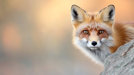 Red fox peering from rocks at sunset, autumnal forest background, wildlife photography for nature publications