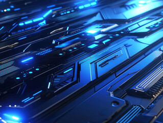 Advanced circuit board with glowing blue cybernetic pathways