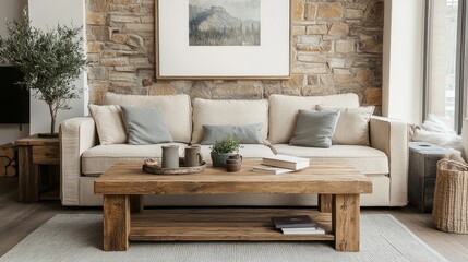 Cozy Living Room With A Beige Sofa, Rustic Wooden Coffee Table, And Stone Wall.  Relaxing And Inviting Atmosphere.