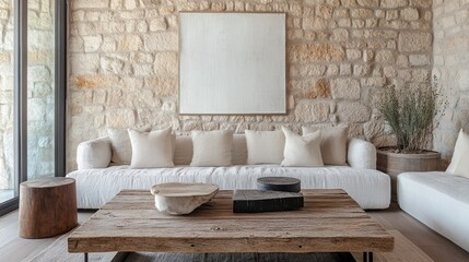 Obraz premium A Cozy Living Room With A Stone Wall, White Linen Couch, And Rustic Wooden Coffee Table. The Overall Vibe Is Calm And Serene.