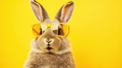 Rabbit wearing sunglasses against a vibrant yellow background, capturing fun and playful animal vibes. Perfect for pet-themed designs or summer promotions.