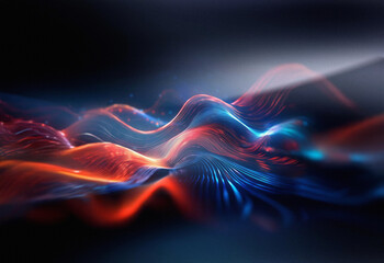 Obraz premium Abstract sci-fi background image featuring a double exposure effect. Glowing, wavy lines of red and blue energy flow across a dark backdrop. The effect is both ethereal and futuristic.