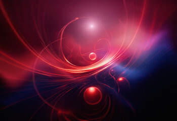 Fototapeta premium Abstract sci-fi double exposure background. Glowing red and blue energy swirls around spheres, creating a dynamic, otherworldly scene.