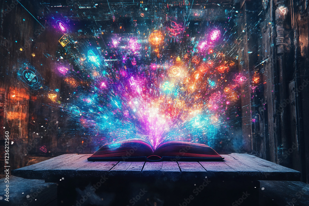 Poster A glowing open book with vibrant colors and digital symbols exploding from the pages, symbolizing creativity, knowledge, and the magical flow of ideas in a mystical atmosphere.