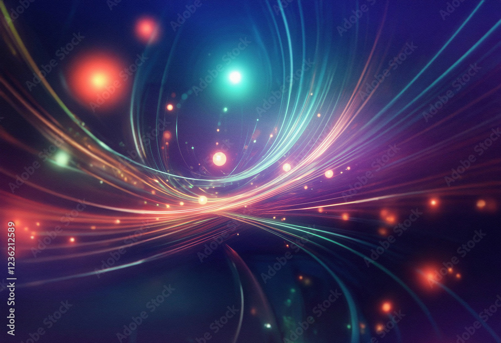 Aufkleber Abstract sci-fi background featuring a double exposure effect.  Swirling, luminous lines and glowing orbs create a dynamic, otherworldly scene.