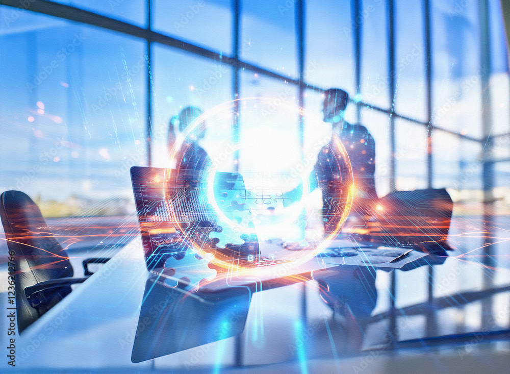 Poster abstract double exposure image depicting a sci-fi business meeting. silhouetted figures shake hands 