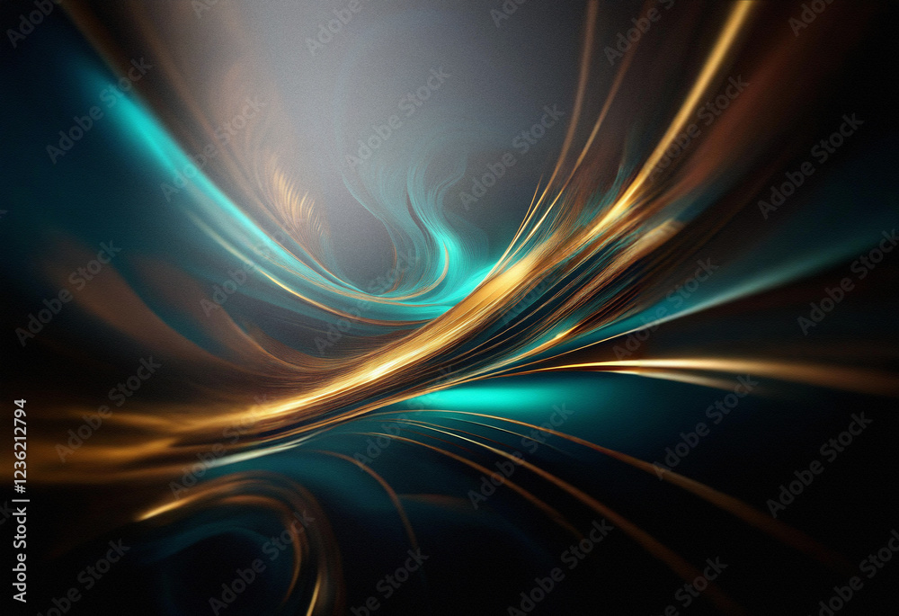 Poster Abstract sci-fi background featuring a double exposure effect. Swirling teal and gold lines create a dynamic, futuristic landscape.