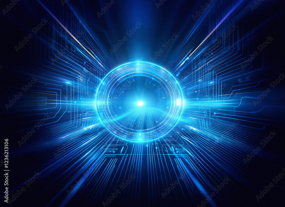 Poster Abstract sci-fi background featuring a double exposure of a glowing circular portal within a futuristic circuit board design.  Bright blue hues dominate the image.