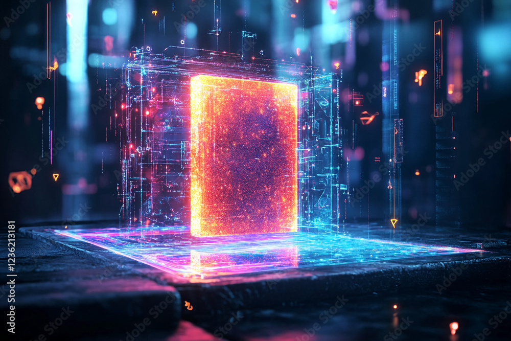 Poster A glowing, digital data matrix emerging from an open book in a high-tech environment, symbolizing the fusion of knowledge, technology, and futuristic concepts.