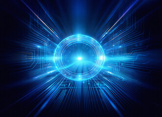 Obraz premium Abstract sci-fi background featuring a double exposure of a glowing circular portal within a futuristic circuit board design. Bright blue hues dominate the image.
