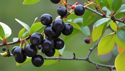 Autumn Harvest of Ripe Black Chokeberries on a Lush Shrub Branch