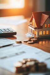 Real estate investment concept with miniature house, calculator, and coins on paperwork, symbolizing financial planning, mortgage analysis, and property value growth.