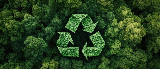 Recycling symbol formed from green leaves above a lush forest, representing sustainability, environmental protection, and eco-friendly practices in nature conservation.