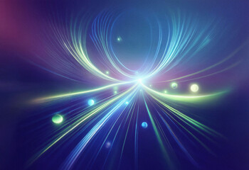 Abstract sci-fi double exposure background image featuring luminous streaks of light converging towards a central point, with glowing orbs scattered throughout.