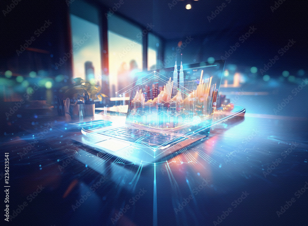 Poster abstract sci-fi double exposure image. futuristic cityscape holographically projected from a laptop,