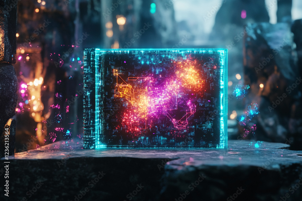 Poster a glowing, digital matrix emerging from a book, with vibrant, colorful data flowing outward in a dar