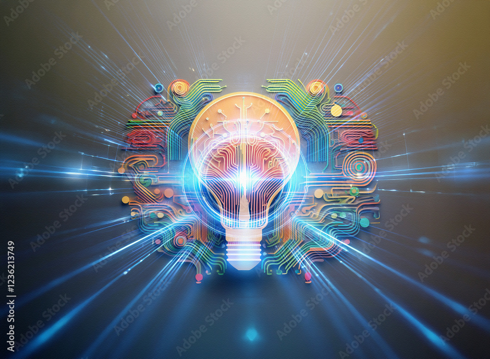 Poster Abstract sci-fi double exposure image depicting a glowing lightbulb with circuit board elements, set against a dynamic light streak background.  The vibrant colors and energy suggest innovation and te