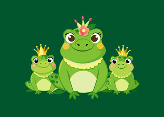Obraz premium Adorable Frog Prince Cartoon with Crown on Green Leaf Isolated vector illustration
