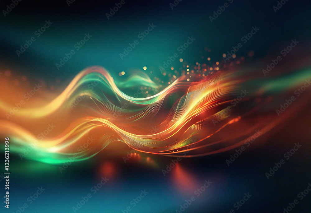 Poster Abstract sci-fi background featuring a double exposure of flowing, luminous orange and teal waves. Glowing particles add depth.