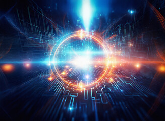 Fototapeta premium Abstract sci-fi double exposure background. Glowing circuitry and a bright energy ring create a futuristic, otherworldly scene.