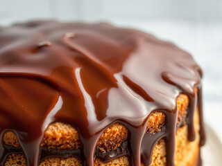 Delicious chocolate cake with glossy frosting, sweet dessert, enticing and appetizing, copy space