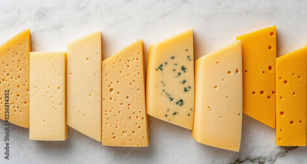 Wall mural sliced cheese arranged in a geometric pattern on a white marble background. Cheeses include soft, creamy varieties and hard, aged cheeses with visible cracks and veins, creating a visually striking co