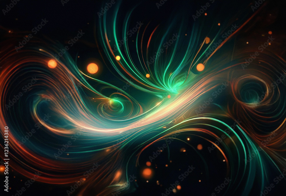 Aufkleber Abstract sci-fi double exposure background image featuring swirling, luminous teal and orange lines against a dark backdrop, creating a cosmic, ethereal effect.  Glowing orbs add depth.