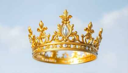 Fototapeta premium A regal and elegant golden crown hangs in mid-air against a pure and crystal-clear background