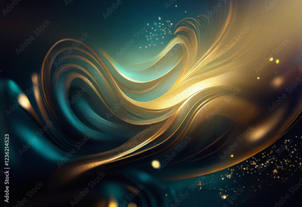 Poster Abstract sci-fi background featuring a double exposure of swirling, golden and teal ribbons creating a dynamic, luminous effect.