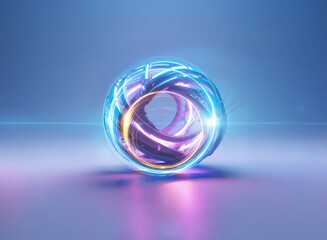 Abstract sci-fi sphere, glowing with vibrant neon lights. Double exposure effect creates a futuristic, ethereal background.