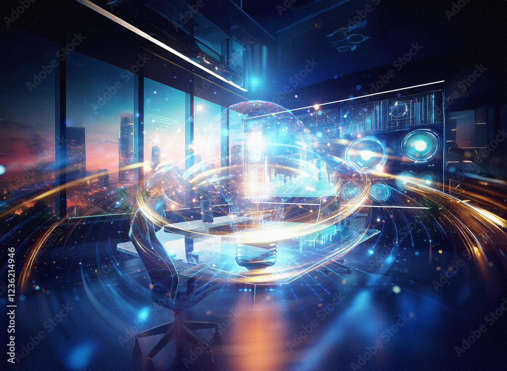 Aufkleber abstract sci-fi scene. double exposure effect depicts a futuristic office space with glowing hologra