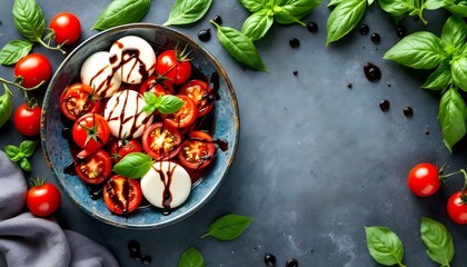 Cherry tomatoes, mozzarella, and basil drizzled with balsamic glaze
