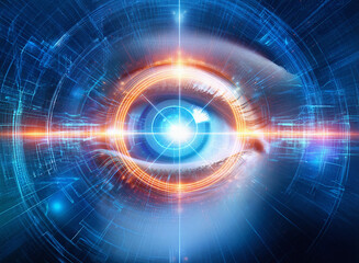Abstract sci-fi double exposure image of a human eye overlaid with a technological, circular background.  Bright glowing elements create a futuristic feel.