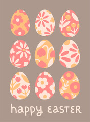 Cute Easter greeting card template.  Happy Easter. Eggs decorated with flowers on beige background. Vector illustration