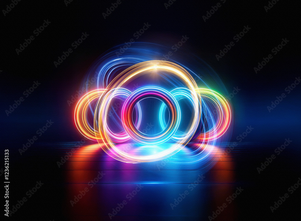 Poster abstract sci-fi double exposure artwork. glowing, vibrant rings of light interweave against a dark b