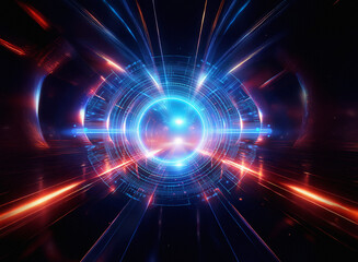 Obraz premium Abstract sci-fi double exposure background image. Glowing blue and orange lights streak through a circular portal, creating a dynamic and futuristic scene.