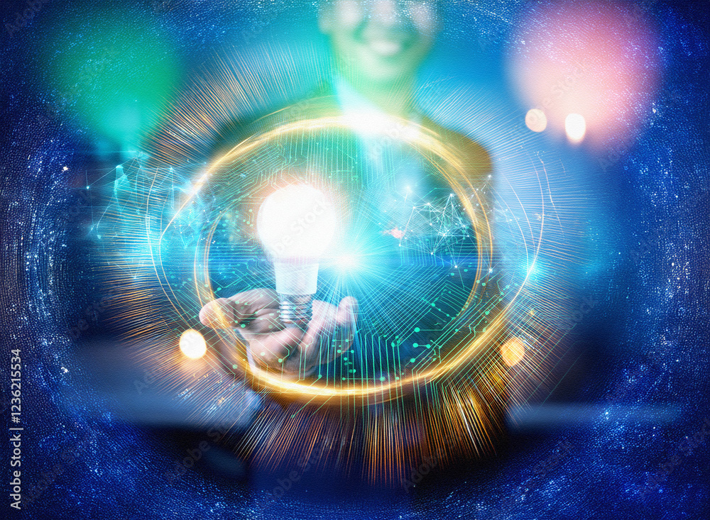 Poster Abstract double exposure image. Sci-fi style background depicts a person holding a glowing lightbulb within a network of connections, symbolizing innovation and global connectivity.