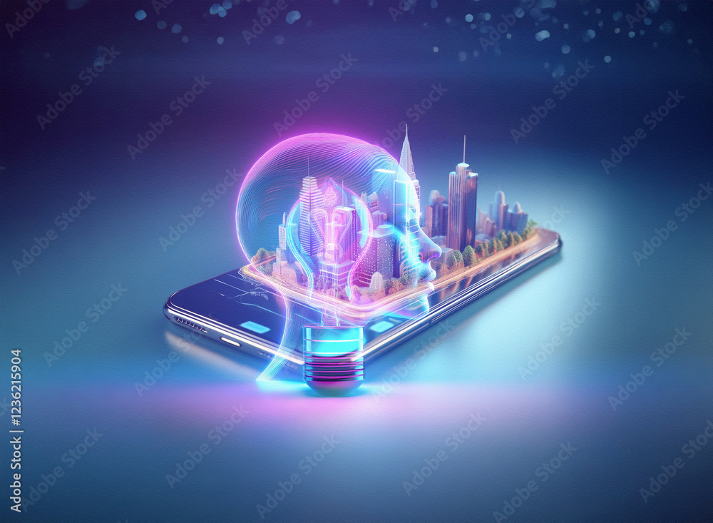 Poster abstract sci-fi double exposure image. a glowing head-shaped lightbulb containing a miniature city r