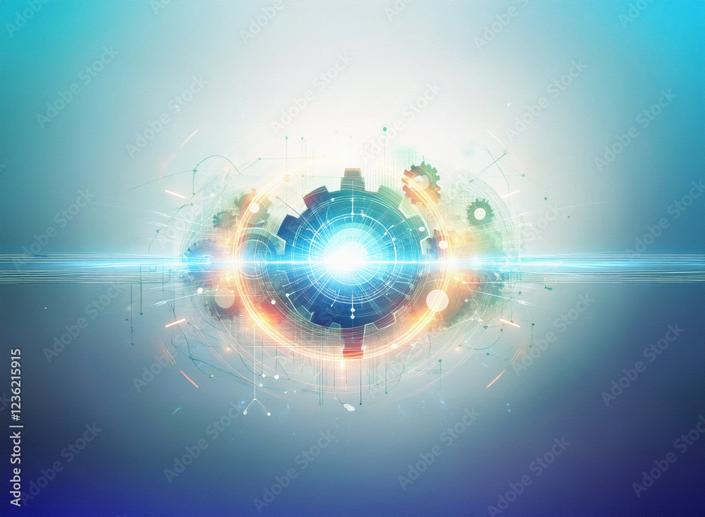 Poster abstract sci-fi double exposure image. glowing central mechanism with gears and light streaks agains