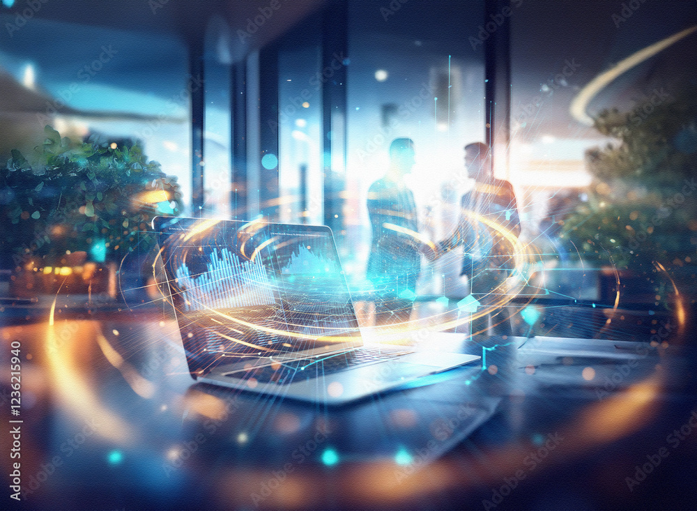 Poster abstract sci-fi double exposure image depicting a futuristic business meeting. glowing network circl